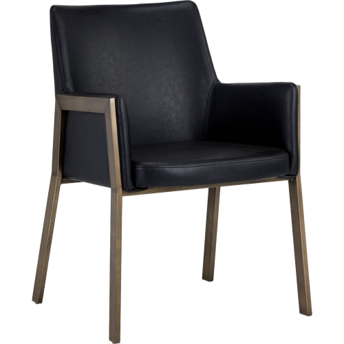 Bernadette Dining Arm Chair in Black Leatherette & Brass